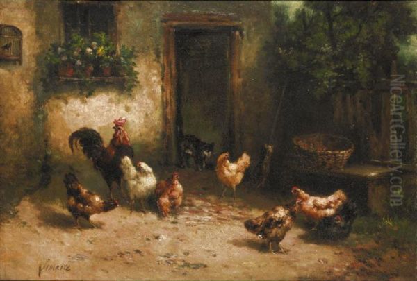 Cat Among The Chickens Oil Painting by Louis Marie Lemaire