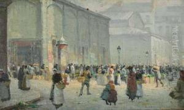 Devant Les Halles Oil Painting by Lemaitre Leon Jules