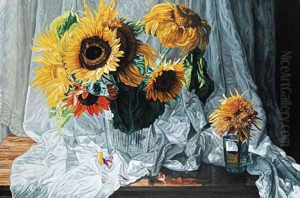 Sunflowers And Drape Oil Painting by Robert Leman