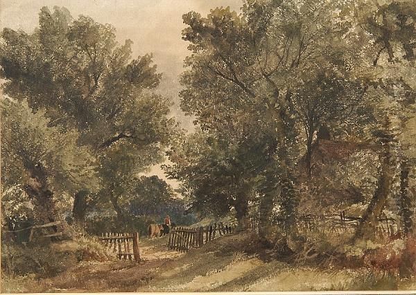 Figure And Cattle On A Woodland Path Oil Painting by Robert Leman