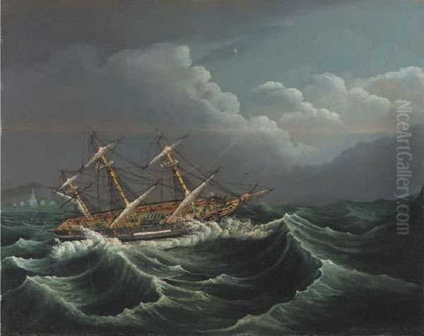 A Brig In Distress Oil Painting by T. Leman