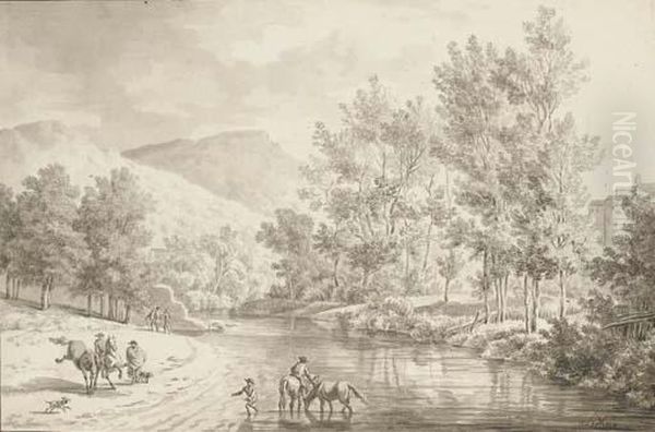 Un Paysage De Riviere Avec Des Figures Et Des Chevaux Passant Ungue Oil Painting by Olivier Lemay