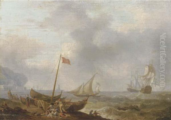 A Mediterranean Coastal Scene With Sailing Boats And Fishermen Onthe Beach, Two Three-masters In Rough Waters And A Harbourbeyond Oil Painting by Olivier Lemay