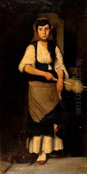 Girl With The Distaff And Spindle Oil Painting by Polychronis Lembessis