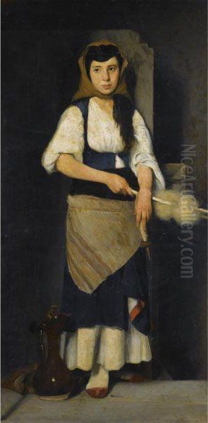 Girl With Distaff And Spindle Oil Painting by Polychronis Lembessis