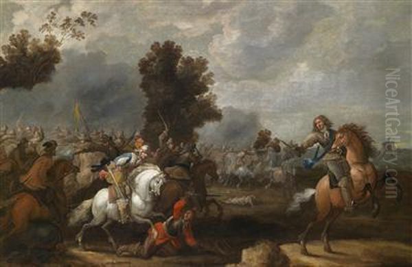 Two Scenes Depicting Battles Between Imperial And Swedish Troops Oil Painting by Johann Philipp Lembke