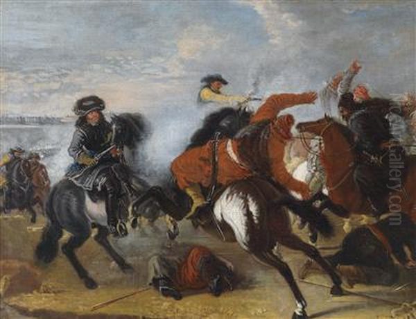 A Mounted Skirmish Oil Painting by Johann Philipp Lembke