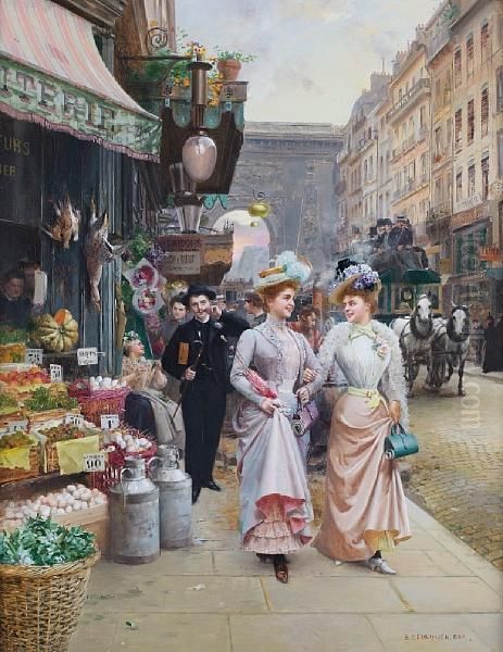 Parisian Street Scene Oil Painting by Basile Lemeunier