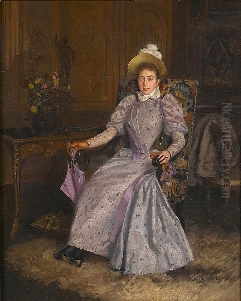 In A Mauve Dress Oil Painting by Basile Lemeunier