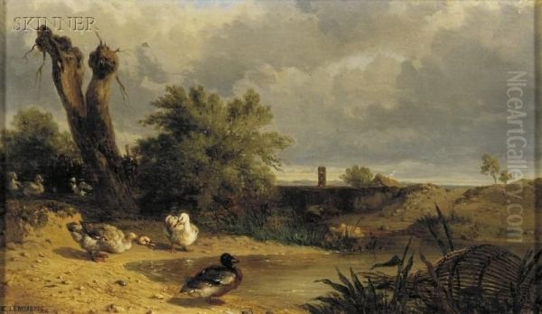 Ducks By The Pond Oil Painting by Theophile Victor Emile Lemmens