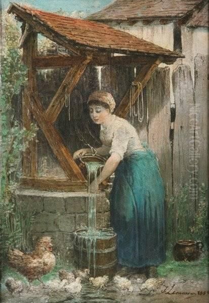 Woman At The Well With Chickens Oil Painting by Theophile Victor Emile Lemmens