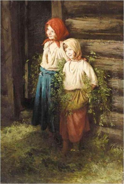 Two Young Peasant Girls Oil Painting by Karl Vikentievich Lemoch