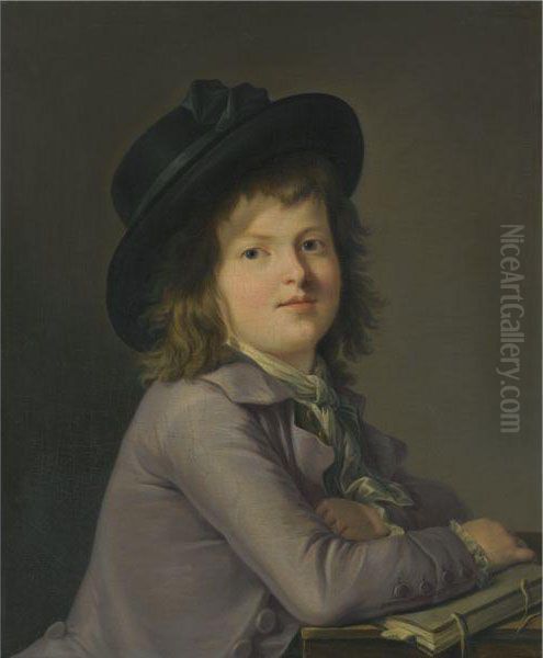 Portrait Of A Young Boy, Half-length, Seated At A Desk Holding Abook Oil Painting by Marie-Victoire Lemoine