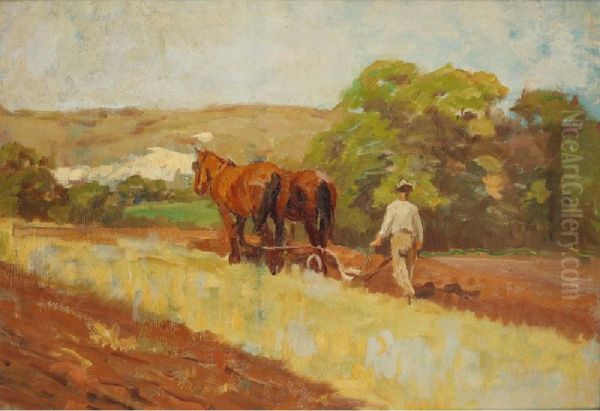 A Plough Team With Downland Beyond Oil Painting by Arthur Lemon