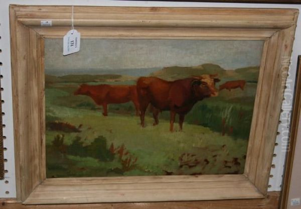 Cattle Grazing Within A Coastal Landscape Oil Painting by Arthur Lemon