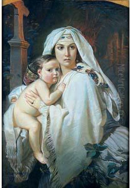 Femme Et Enfant Pleurant Oil Painting by Eugene Lemonnier