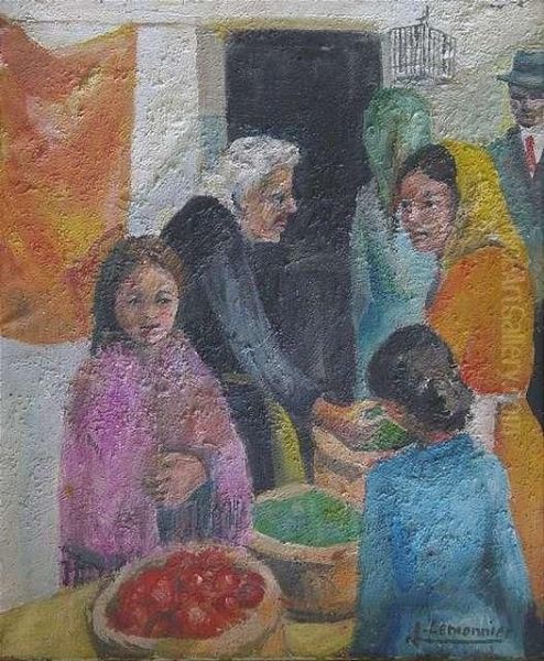 Market Scene. Oil And Sand On Canvas. Signed. - At The Lower Corners Small Part With Loss Of Canvas. Small Parts With Loss Of Colour. Slight Craquele Oil Painting by Lucie Lemonnier