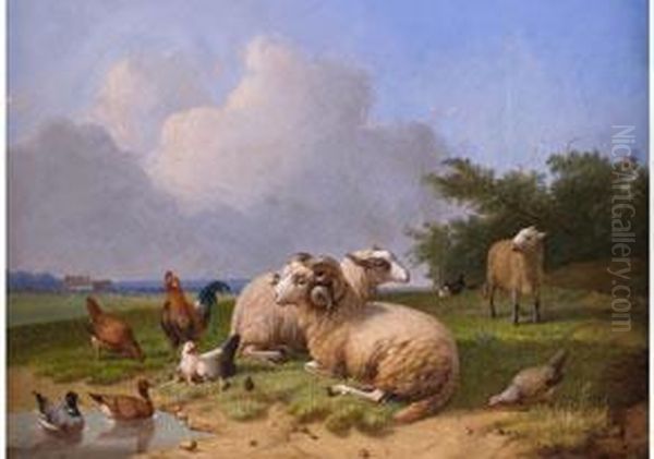 Schafe Und Geflugel In Weiter Landschaft Oil Painting by Cornelius Lemputten Van