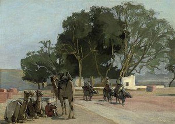 Travellers On The Outskirts Of A Town Oil Painting by George Lena