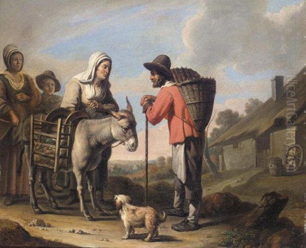 A Peasant Family With A Donkey And A Dog Before A Cottage Oil Painting by Louis And Matthew Le Nain