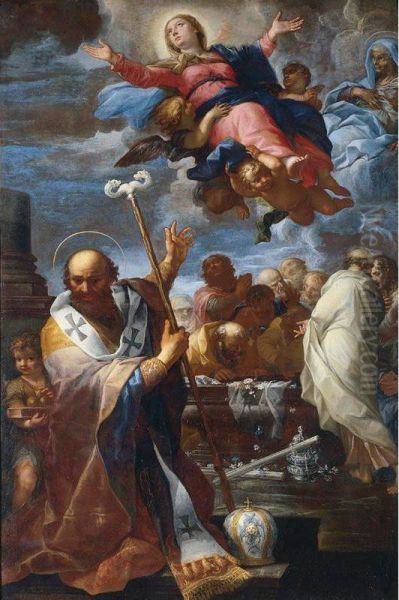 The Assumption Of The Virgin With Saints Nicholas Of Myra And Anne Oil Painting by Giovanni Battista Lenardi