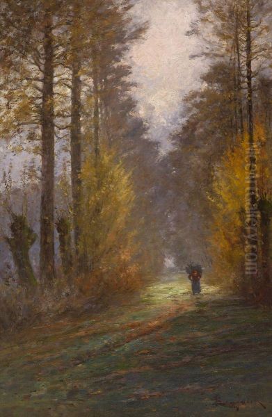 Herbstlicher Waldweg Mit Reisigsammlerin Oil Painting by Emily Lengnick