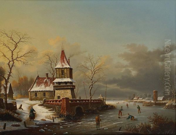 Les Patineurs Sur La Riviere Oil Painting by Albert Alexandre Lenoir