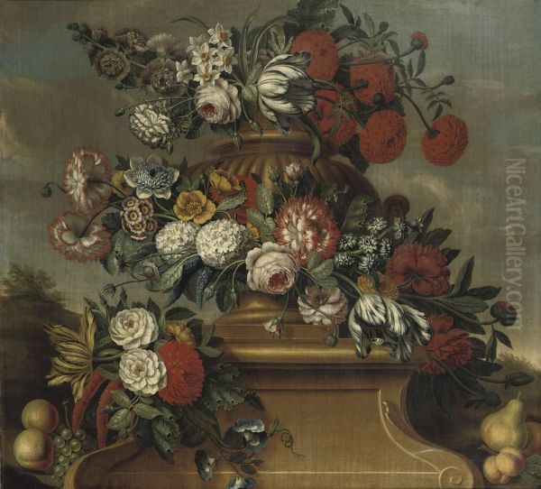 A Garland Of Pink Roses Oil Painting by Cornelis Lens