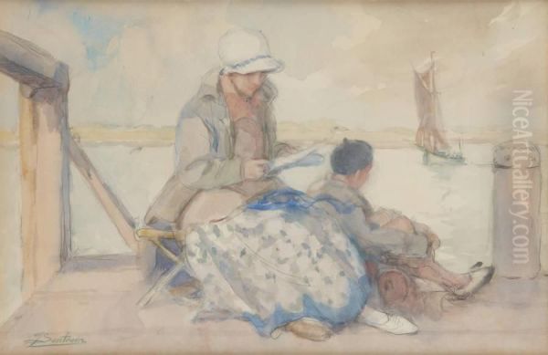 La Lecture En Bord De Mer Oil Painting by Jules Lentrein