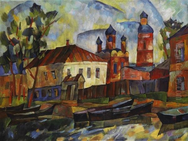 Landschaft Mit Roter Kirche Oil Painting by Aristarkh Vasilievic Lentulov