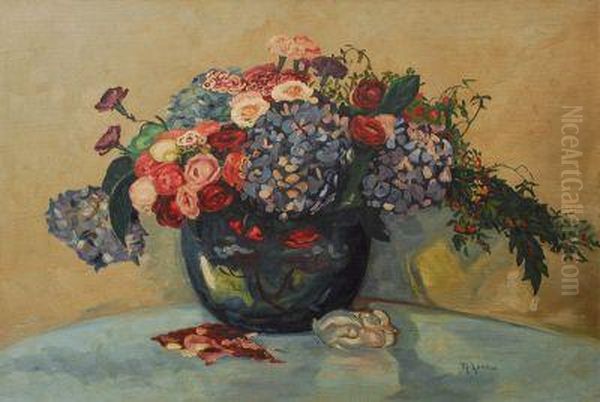 Groser Blumenstraus Mit Rosen, Nelken Und Hortensien Oil Painting by Maximilian, Max Lenz