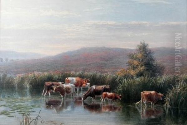 watering Cattle Oil Painting by John Henry Leonard