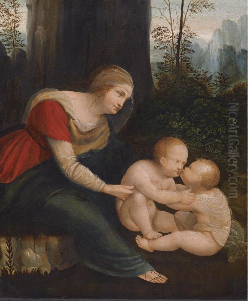 The Madonna Looking Over The Christ Child And The Infant Saint John The Baptist Oil Painting by Leonardo Da Vinci