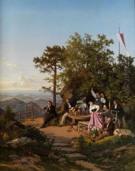 Lustige Gesellschaft Vor Tiefer Landschaft Oil Painting by Eduard Emil August Leonhardi