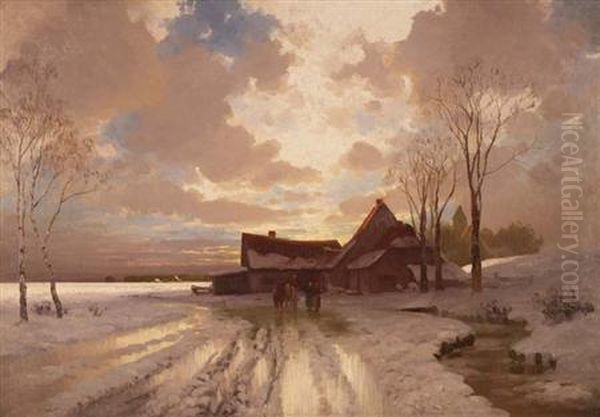 German, - Sunsetwinterscape Oil Painting by Curt Leopold