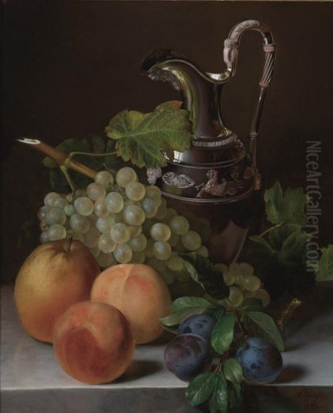 Still Life Of Peaches, Plums, A Bunch Of Grapes And An Empire Silver Water Pitcher All Resting On A Ledge Oil Painting by Francois Lepage