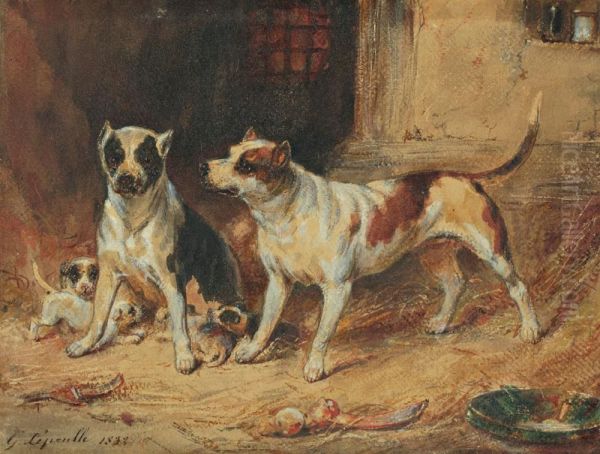 Chiens Et Chiots Au Chenil Oil Painting by Francois Gabriel G. Lepaulle