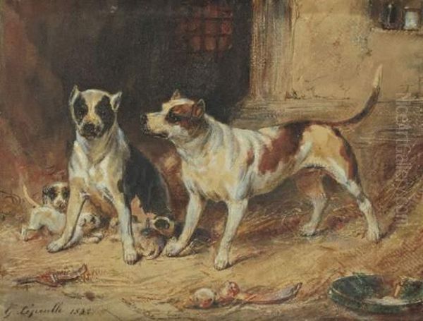 Chiens Et Chiots Au Chenil Oil Painting by Francois Gabriel G. Lepaulle