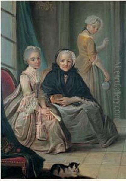 Deux Jeunes Filles Et Leur Grand-mere Dans Un Interieur Oil Painting by Charles Lepeintre