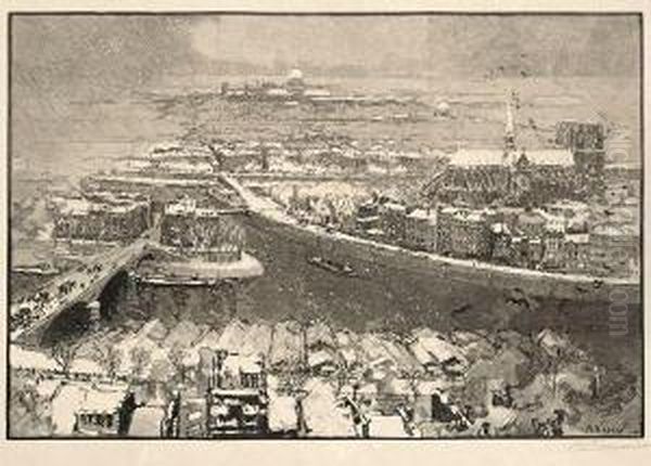 Paris Sous La Neige, Vu Du Haut De Saint-gervais. Planche Pour Le Monde Illustre. 1890. Oil Painting by Auguste Lepere