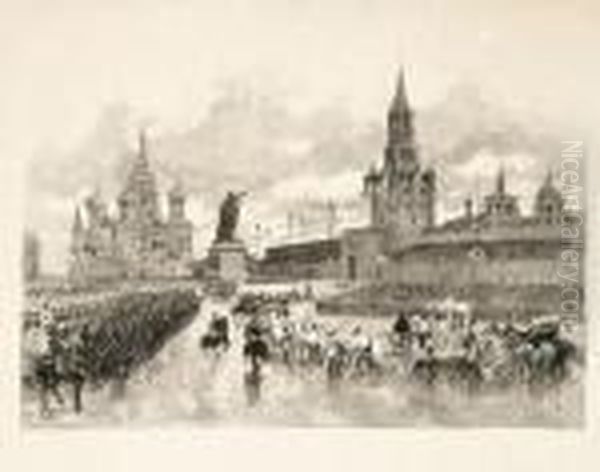 [moscou, La Place Rouge]. Entree Solennelle De L'imperatrice A Moscou. 9 Juin 1883. Oil Painting by Auguste Lepere