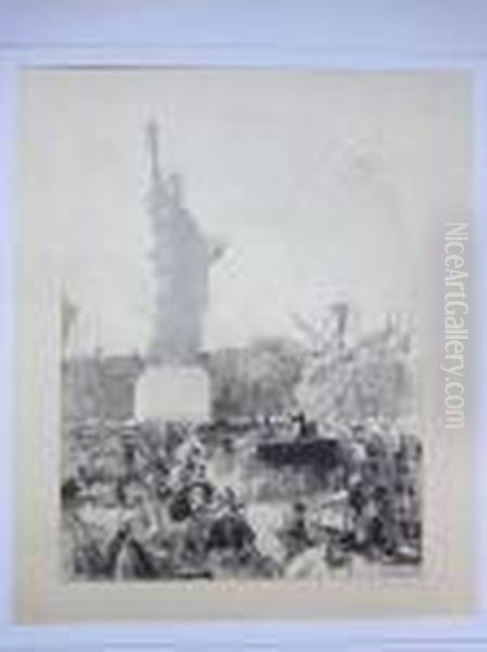 Inauguration Sur La Place De Etats-unis De La Statue De La Liberte Eclairant Le Monde 1885 ; [installation Du Telegraphe]. Oil Painting by Auguste Lepere