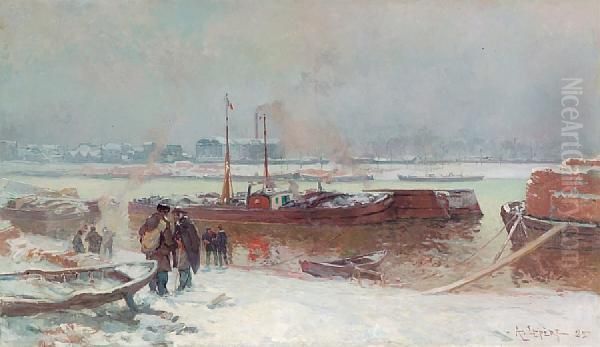 Le Quai De Bercy Pendant La Neige Oil Painting by Auguste Louis Lepere