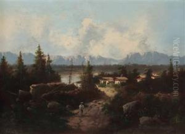 Bauernhauser In Idealisierter Alpenlandschaft Oil Painting by Ferdinand Lepie