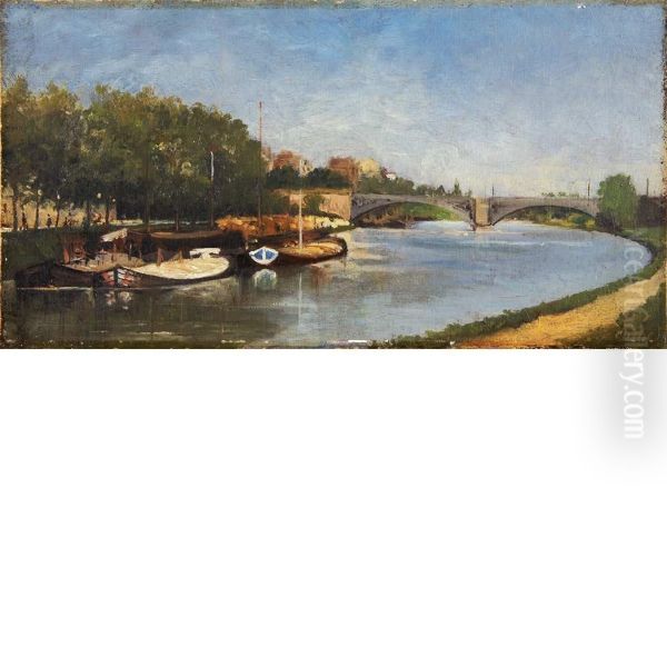 La Seine A Charenton Oil Painting by Stanilas Lepine