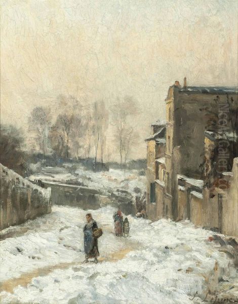 Figures In The Snow, La Rue Cortot, Montmartre Oil Painting by Stanislas Lepine