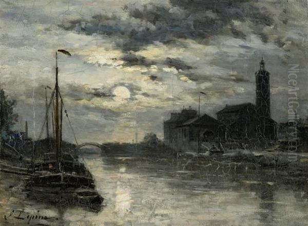 Le Canal De L'ourcq, L'eglise Saint-christophe Oil Painting by Stanislas Lepine