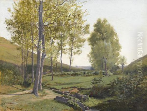 Sommerliche Landschaftspartie Mit Lichtem Hain. Oil Painting by Pierre Leprat