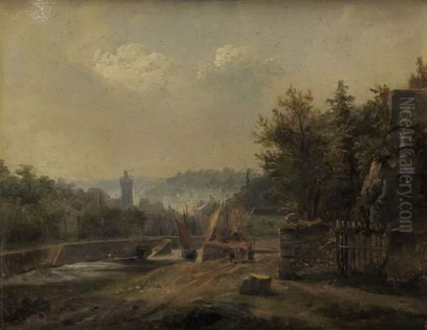 Paysage, Ville Et Riviere. Oil Painting by Auguste-Xavier Leprince