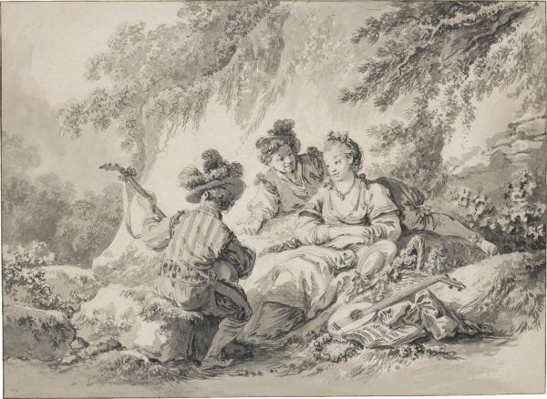 Two Men And A Lady Making Music In A Bucolic Setting Oil Painting by Jean-Baptiste Le Prince